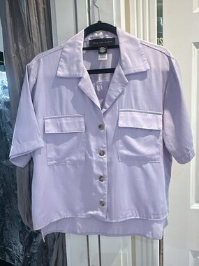 Lavender Purple Oversized Boxy Top Short-Sleeve Button Up Blouse Lightweight